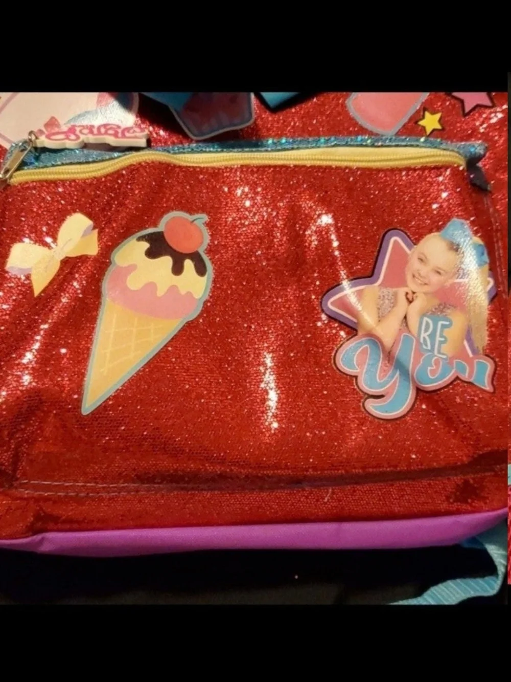 Kids Glitter Unicorn Backpack with Blue Bow - Red